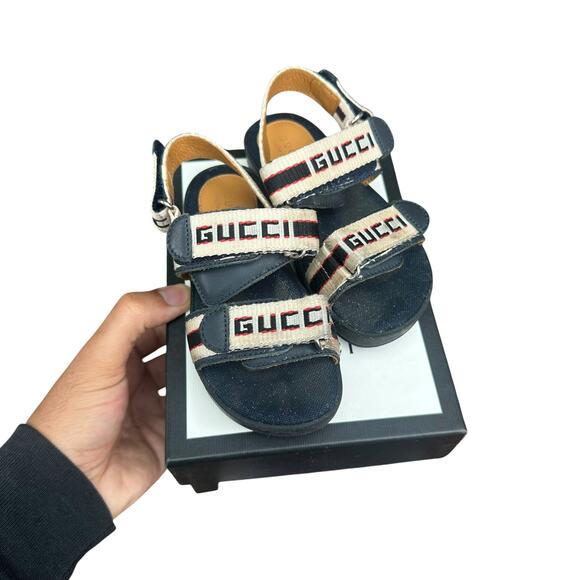 Authentic Gucci Logo Kids Toddlers Infant Sandals Blue Tan 25 - Picture 1 of 8